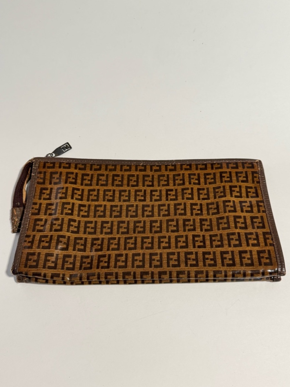 Fendi Brown Zucca Logo Zip Pouch